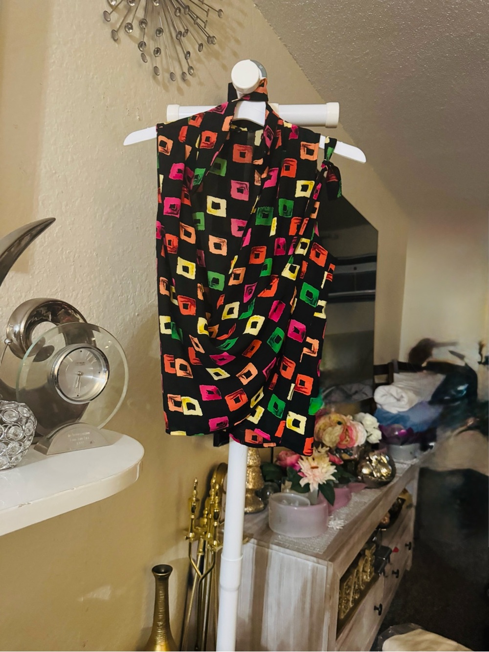 Sleeveless Cowl Neck Top in Multi-Color Geometric Print